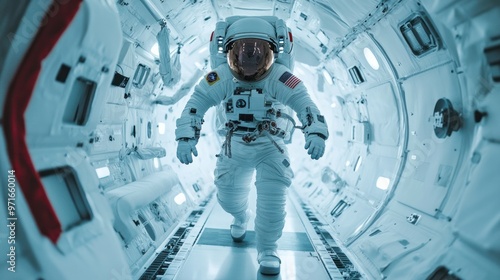 Human spaceflight, astronaut training in a zero-gravity simulator, high-tech equipment and focus on precision, preparation for a space mission