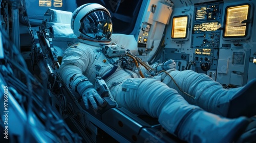 Human spaceflight, astronaut training in a zero-gravity simulator, high-tech equipment and focus on precision, preparation for a space mission