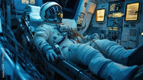 Human spaceflight, astronaut training in a zero-gravity simulator, high-tech equipment and focus on precision, preparation for a space mission