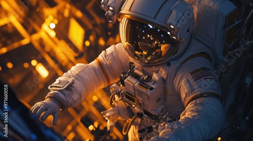 Human spaceflight scene, astronauts preparing for launch, wearing space suits and checking equipment, high-energy and intense atmosphere