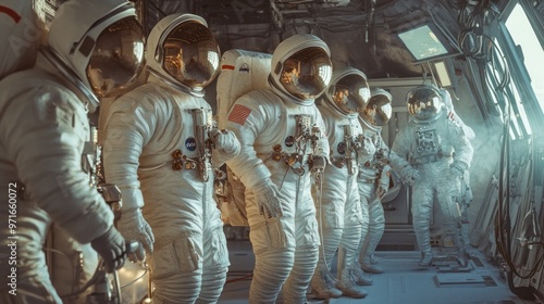 Human spaceflight scene, astronauts preparing for launch, wearing space suits and checking equipment, high-energy and intense atmosphere