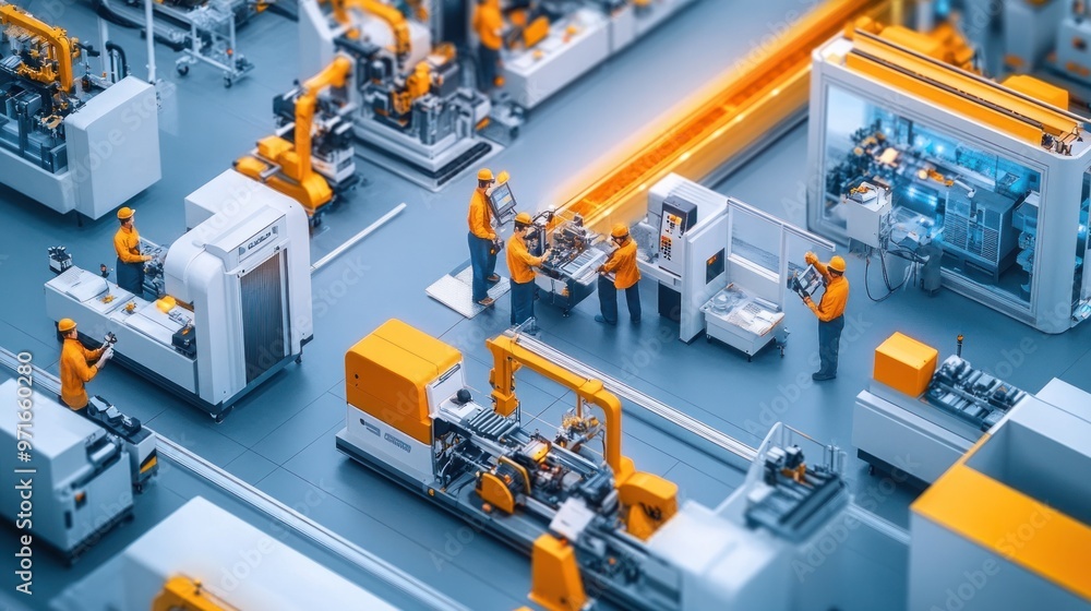 Interior of a modern factory, showcasing advanced machinery and workers in a high-tech environment, clean and organized layout Interior of a modern factory, showcasing advanced machinery and workers in a high-tech environment, clean and organized layout