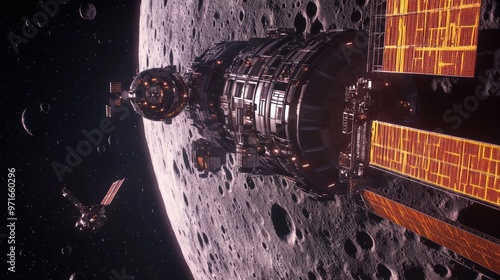 Lunar Gateway concept art, futuristic space station design, orbiting the Moon with spacecraft approaching, innovative and forward-thinking