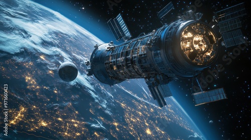 Lunar Gateway in space, with Earth and Moon in the background, spacecraft docking procedures, emphasis on collaboration and technology