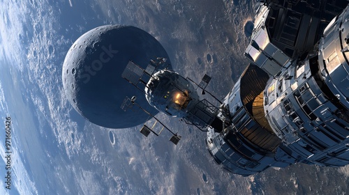 Lunar Gateway in space, with Earth and Moon in the background, spacecraft docking procedures, emphasis on collaboration and technology