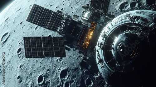 Lunar Gateway orbiting the Moon, detailed structure with solar panels extended, lunar surface visible below, futuristic and high-tech design