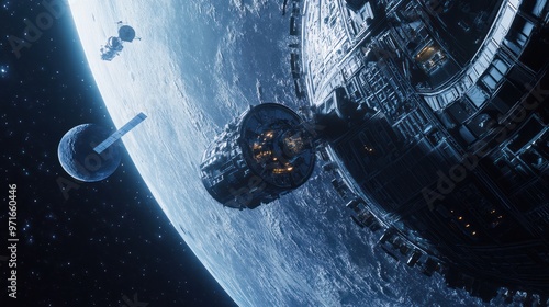 Lunar Gateway in space, with Earth and Moon in the background, spacecraft docking procedures, emphasis on collaboration and technology