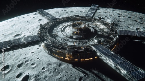 Lunar Gateway orbiting the Moon, detailed structure with solar panels extended, lunar surface visible below, futuristic and high-tech design