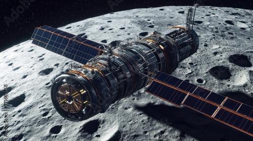 Lunar Gateway orbiting the Moon, detailed structure with solar panels extended, lunar surface visible below, futuristic and high-tech design