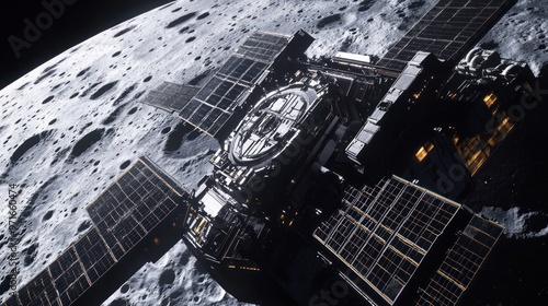 Lunar Gateway orbiting the Moon, detailed structure with solar panels extended, lunar surface visible below, futuristic and high-tech design