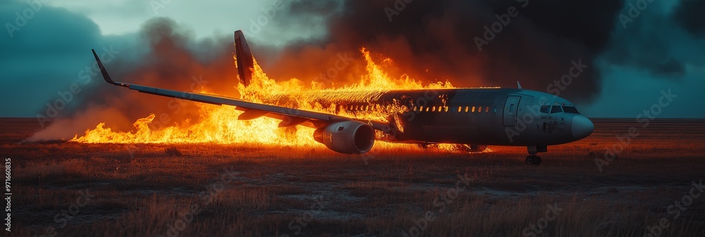 An airplane crashes amidst a field and ignites in flames An airplane crashes amidst a field and ignites in flames