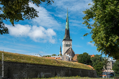 Tower of saint Olaf church in the old city of Tallin Estonia. Medieval architecture landmark photo