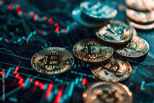 Close-up view of Bitcoin and gold coins with a high-resolution, dark, and blurry stock chart background, emphasizing high contrast 