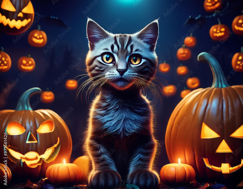 Skeleton cat posing for Halloween, surrounded by jack-o'-lantern decorations, glowing in th_1(770) Skeleton cat posing for Halloween, surrounded by jack-o'-lantern decorations, glowing in th_1(770)