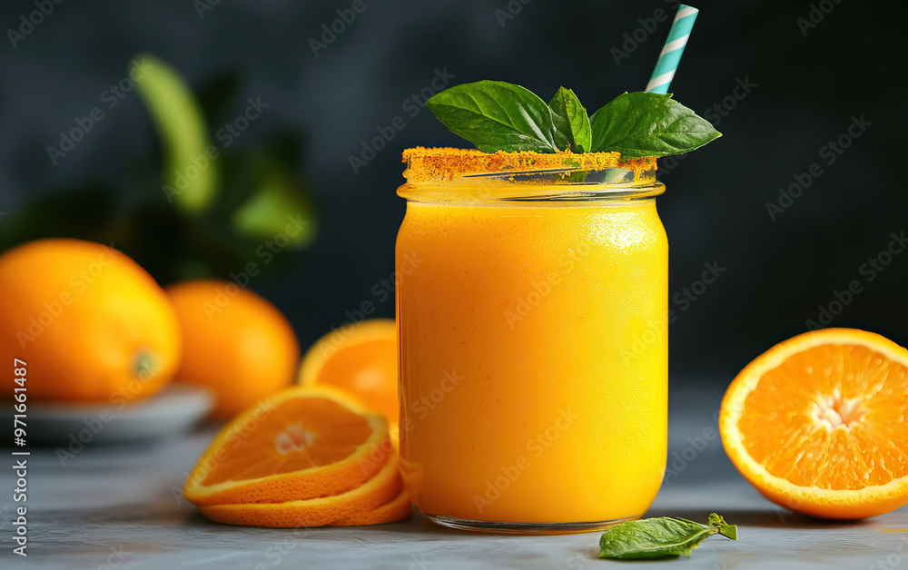Fresh orange juice in a jar garnished with mint leaves, surrounded by whole and sliced oranges, perfect for a refreshing drink. Fresh orange juice in a jar garnished with mint leaves, surrounded by whole and sliced oranges, perfect for a refreshing drink.