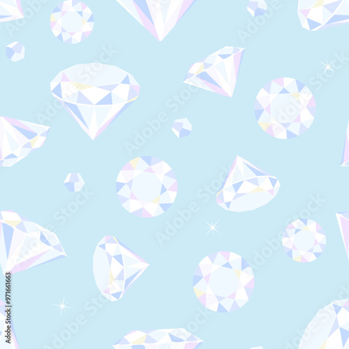 Diamonds on blue background. Luxury seamless pattern with gems. Vector cartoon flat illustration.