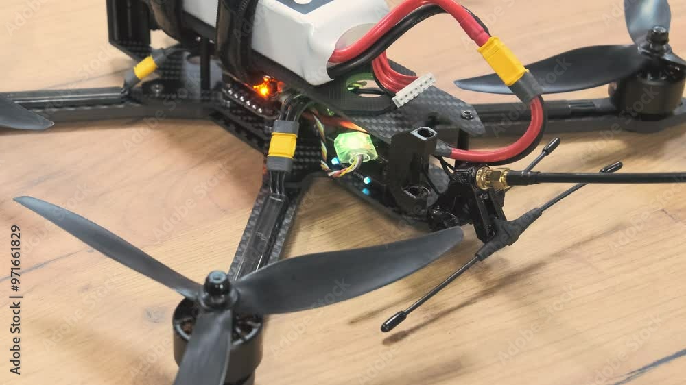 Kamikaze drone quadcopter, power connection to the ready-to-fly FPV drone. Kamikaze drone quadcopter, power connection to the ready-to-fly FPV drone.