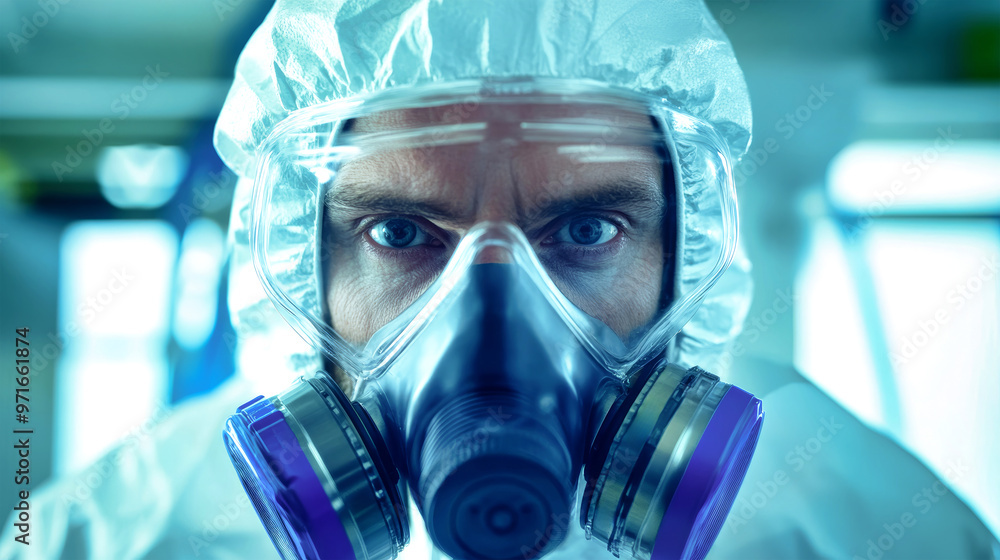 In a futuristic laboratory, a man dons a protective hazmat suit and gas mask, focusing intently on his tasks amidst a glowing blue backdrop, emphasizing safety and technology In a futuristic laboratory, a man dons a protective hazmat suit and gas mask, focusing intently on his tasks amidst a glowing blue backdrop, emphasizing safety and technology