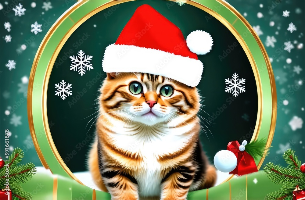Kitten in a Christmas hat on a green background with a Christmas tree. Christmas card. Kitten in a Christmas hat on a green background with a Christmas tree. Christmas card.