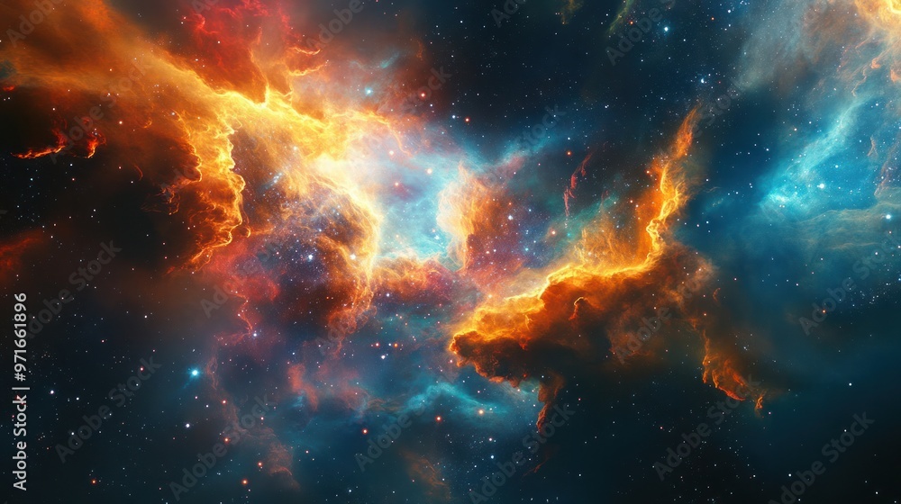 Outer space scene with a nebula, vibrant colors and intricate cosmic formations, deep space exploration, focus on beauty and mystery Outer space scene with a nebula, vibrant colors and intricate cosmic formations, deep space exploration, focus on beauty and mystery