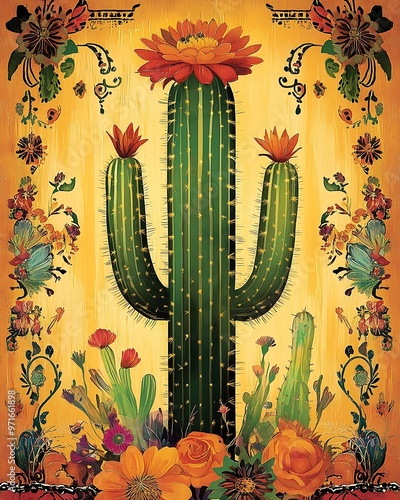 Vibrant Cactus with Mexican Floral Decoration Illustration photo