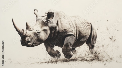 A White Rhino Charging Through Dust and Sand photo