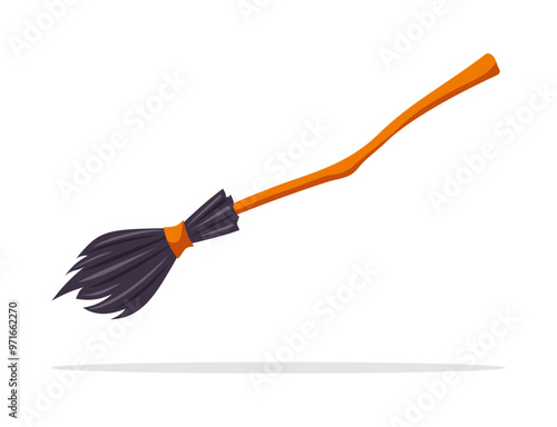 Halloween witch broomstick isolated on white background. Flat vector illustration