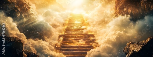 A golden stairway leading into the clouds, glowing with light from above. The sky is filled with white and grey fluffy clouds