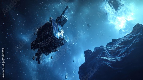 Space probe approaching a comet, capturing high-resolution images, icy surface and starry background, emphasis on discovery and science