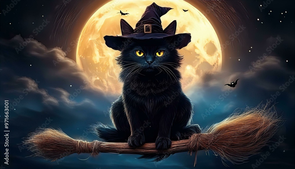 Fototapeta premium A cute black Halloween cat sits on a crescent moon at night with glowing eyes, surrounded by bats, pumpkins, and spooky elements in a fun, cartoon style illustration