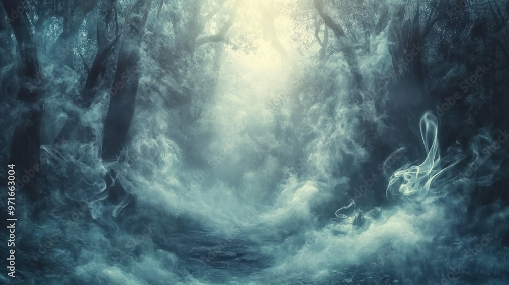 Obraz premium A Mystical Forest Path shrouded in Fog and Sunlight