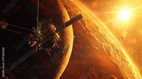 Space probe orbiting a distant planet, transmitting data back to Earth, intricate details of the planet's surface, innovative and educational