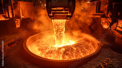 Molten metal cascades from high-strength scales into enormous drums, creating an intense atmosphere of heat and activity in a modern iron smelting factory