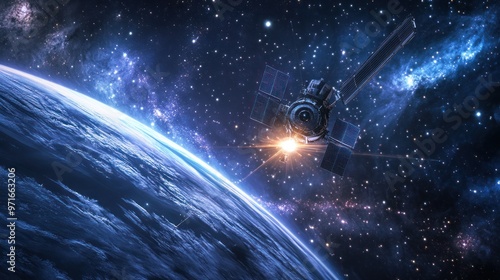 Space probe traveling towards a distant star, solar panels extended, starry background and vast universe, focus on exploration and technology