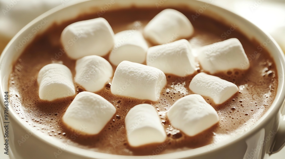 A mug of hot chocolate topped with fluffy marshmallows. A mug of hot chocolate topped with fluffy marshmallows.
