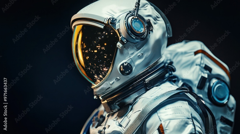 Space suit, close-up of a new design with advanced materials and technology, emphasis on safety and mobility in space, futuristic look Space suit, close-up of a new design with advanced materials and technology, emphasis on safety and mobility in space, futuristic look