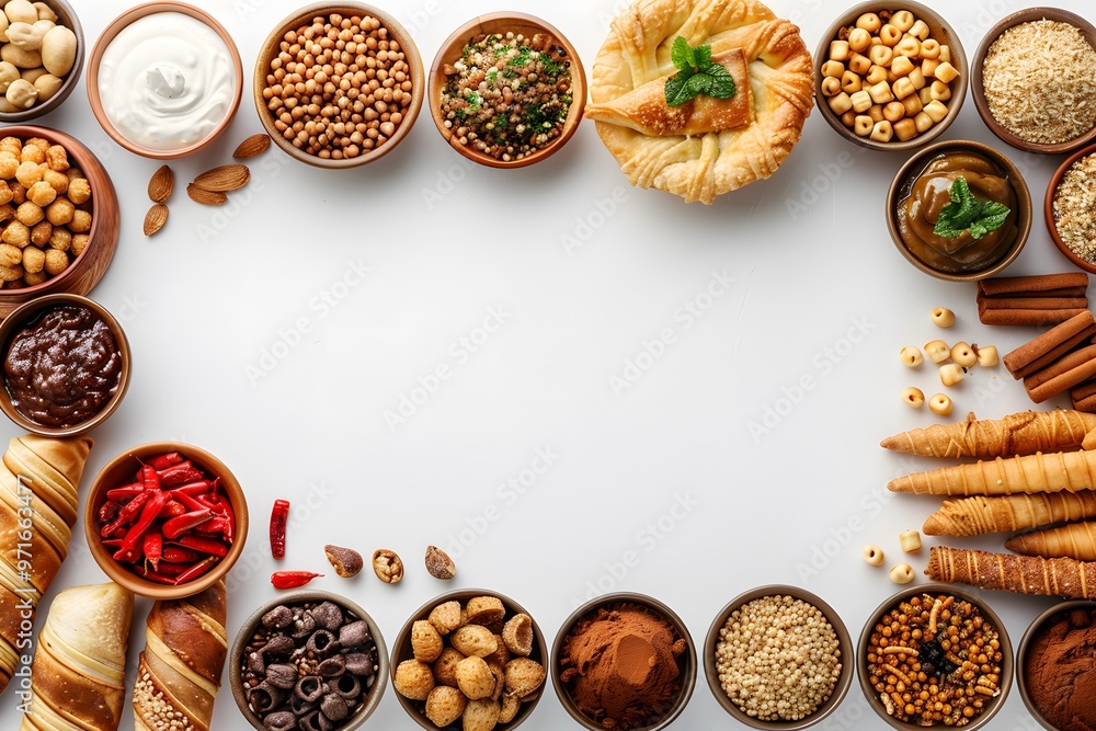Assorted snacks and ingredients arranged in a frame on white background with copyspace, ideal for food blogs or recipe websites
Assorted snacks and ingredients arranged in a frame on white background with copyspace, ideal for food blogs or recipe websites