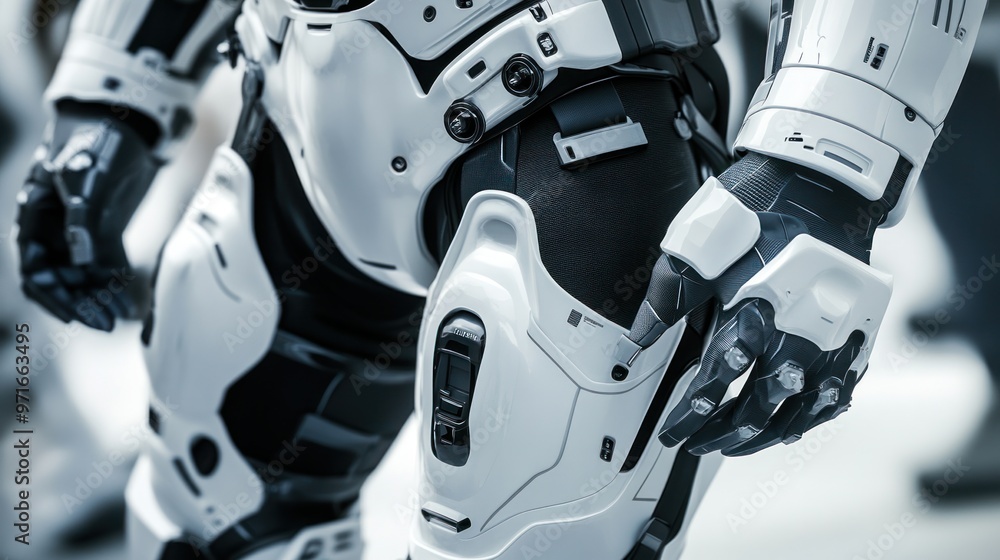Space suit, close-up of a new design with advanced materials and technology, emphasis on safety and mobility in space, futuristic look Space suit, close-up of a new design with advanced materials and technology, emphasis on safety and mobility in space, futuristic look