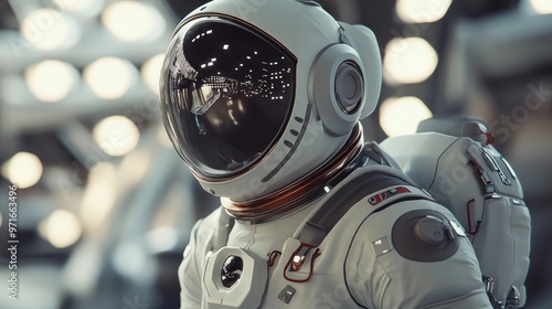 Space suit demonstration, astronaut preparing for a spacewalk, detailed view of the suit's features and components, high-tech and innovative