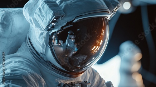 Space suit demonstration, astronaut preparing for a spacewalk, detailed view of the suit's features and components, high-tech and innovative