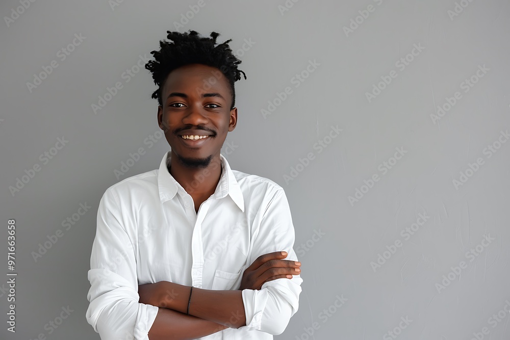 A young man in casual attire with arms crossed, flashing a friendly smile against a soft gray background, A young man in casual attire with arms crossed, flashing a friendly smile against a soft gray background,