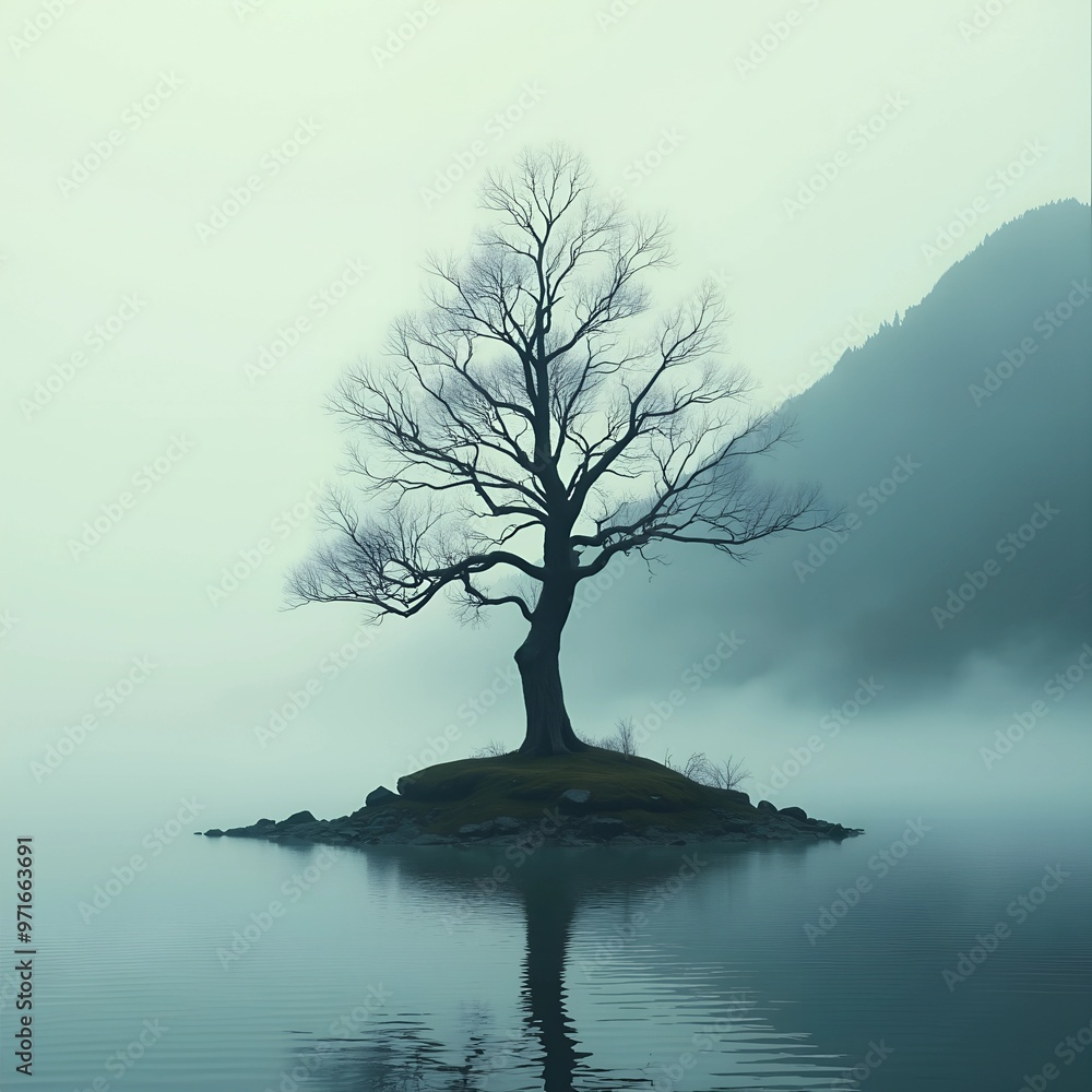 a single tree on a small island in the middle of a foggy landscape. The tree is bare and has no leaves, with no branches or leaves. a single tree on a small island in the middle of a foggy landscape. The tree is bare and has no leaves, with no branches or leaves.