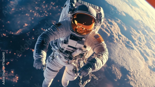 Space suit in use during a spacewalk, astronaut repairing equipment, Earth visible in the background, emphasis on technology and functionality