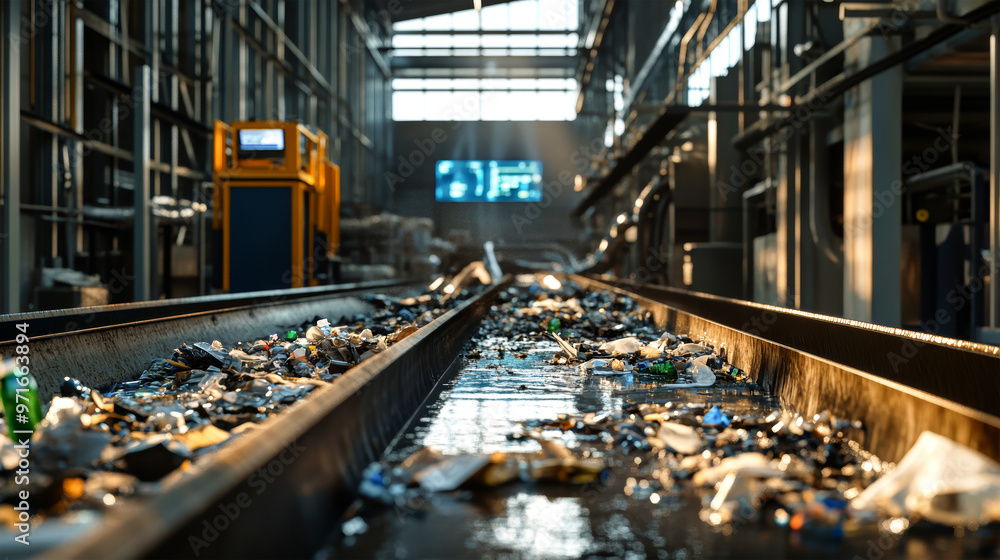 Water flows through industrial machines, washing dirt off recycled waste on a conveyor belt at a cutting-edge urban farming facility Water flows through industrial machines, washing dirt off recycled waste on a conveyor belt at a cutting-edge urban farming facility