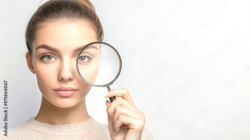 A woman, deeply engaged, peers through a magnifying glass, drawing attention to her captivating expression in a clean and bright setting, perfect for exploration themes A woman, deeply engaged, peers through a magnifying glass, drawing attention to her captivating expression in a clean and bright setting, perfect for exploration themes