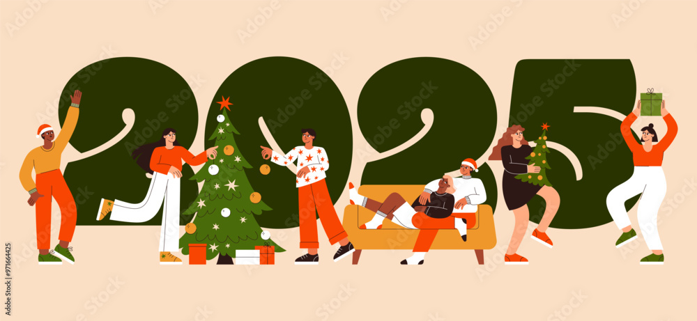 Fototapeta premium People decorate Christmas tree vector flat illustration. Friends celebrate New Year 2025 banner. Winter holidays party