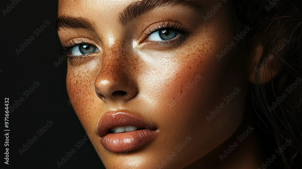 Close-up portrait of a woman with freckles and blue eyes Close-up portrait of a woman with freckles and blue eyes