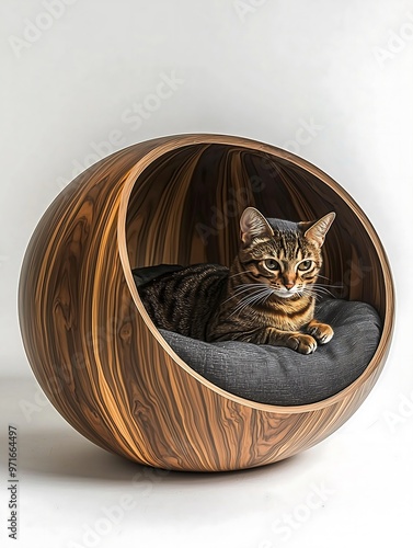 Tabby Cat Resting in a Modern Wooden Circular Pet Bed photo