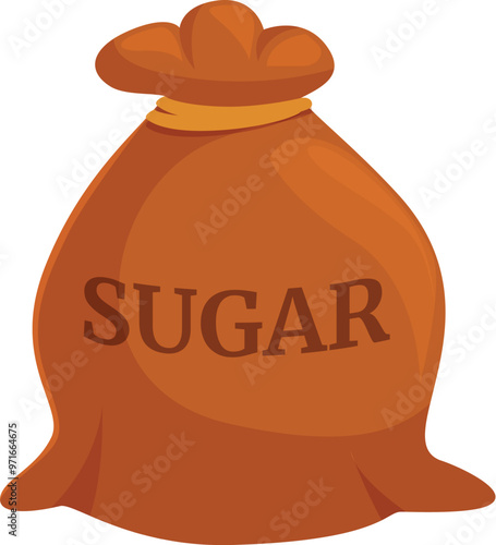 Full brown canvas bag of sugar tied with twine, isolated on a white background