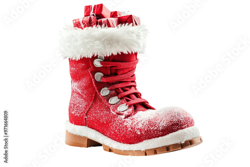 Red Christmas Boot with Fur Trim and Gifts - isolated on White Transparent Background, PNG
 photo